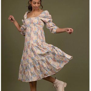 Koodeker Storia Daisy Floral Puff Sleeve Square Neck Midi Dress Sz M NWT